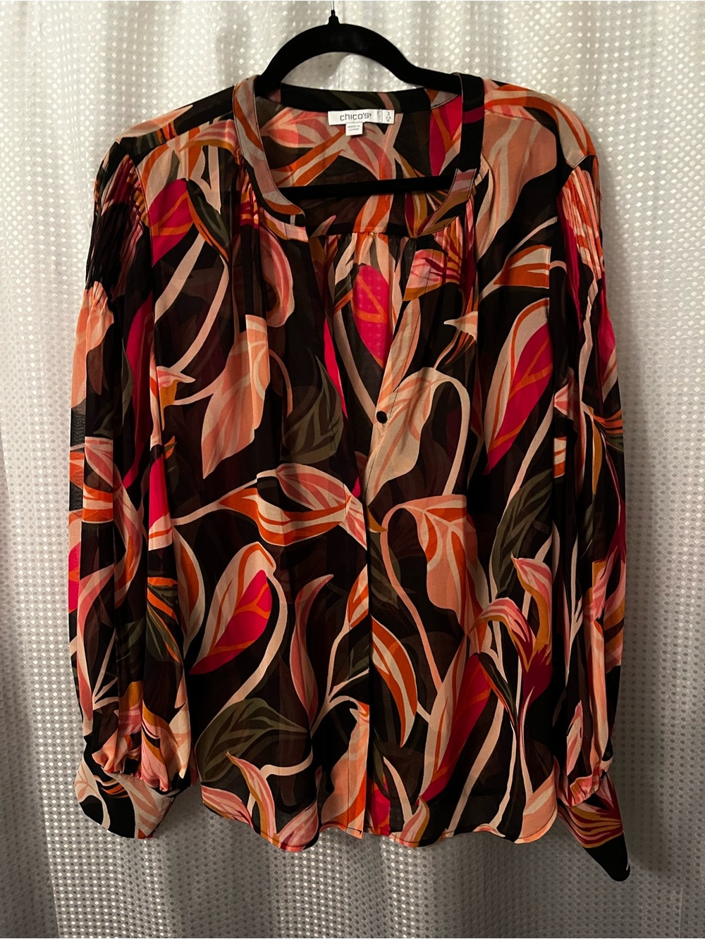 Chico's Black Multi-Leaf Print Long-Sleeve Blouse